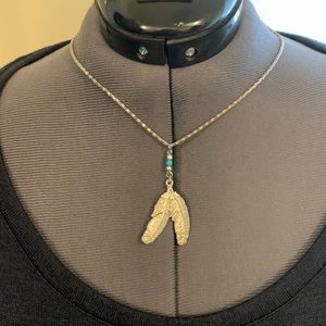 Silver-tone Feather Necklace w/ Faux Turquoise Bead